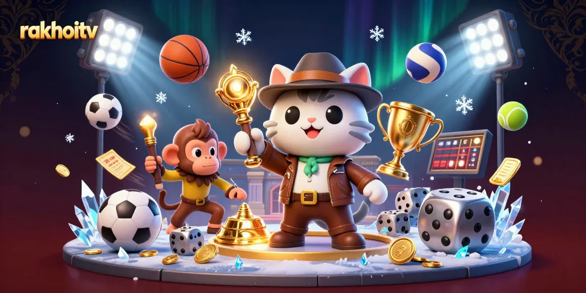 Experience live sports excitement with rakhoitv, a colorful 3D illustrated gambling scene featuring a cat archaeologist.