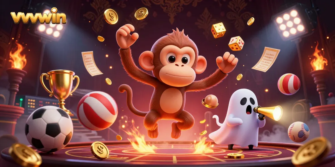 Experience thrilling gaming action with vvvwin as a mischievous monkey juggles golden treasures in a dynamic casino scene.