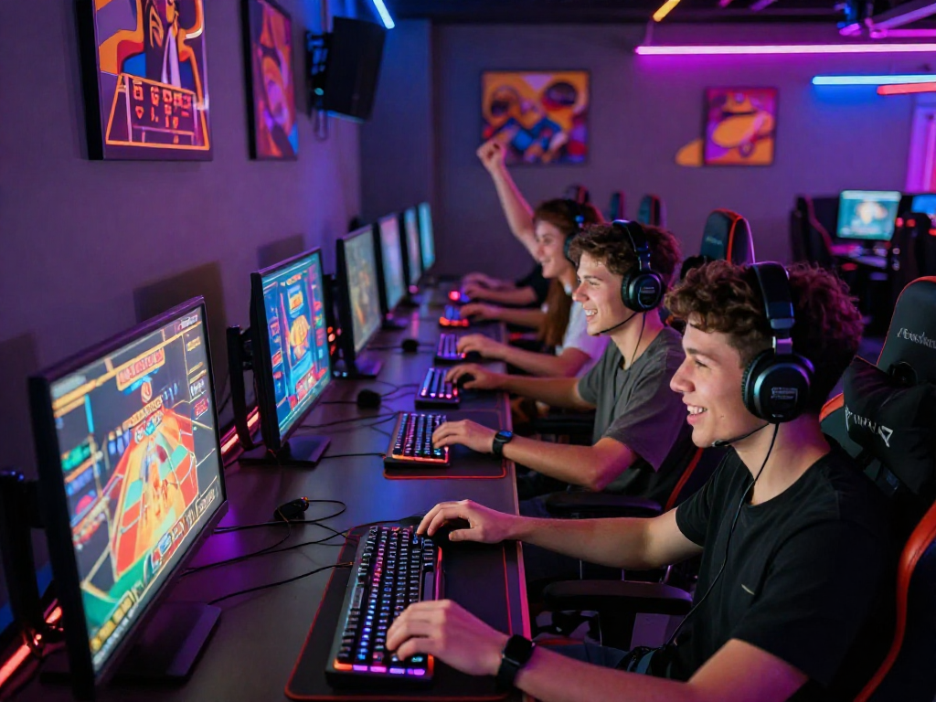 Giocatori entusiasti in una lounge di gioco online, esplorando i migliori casino non AAMS.