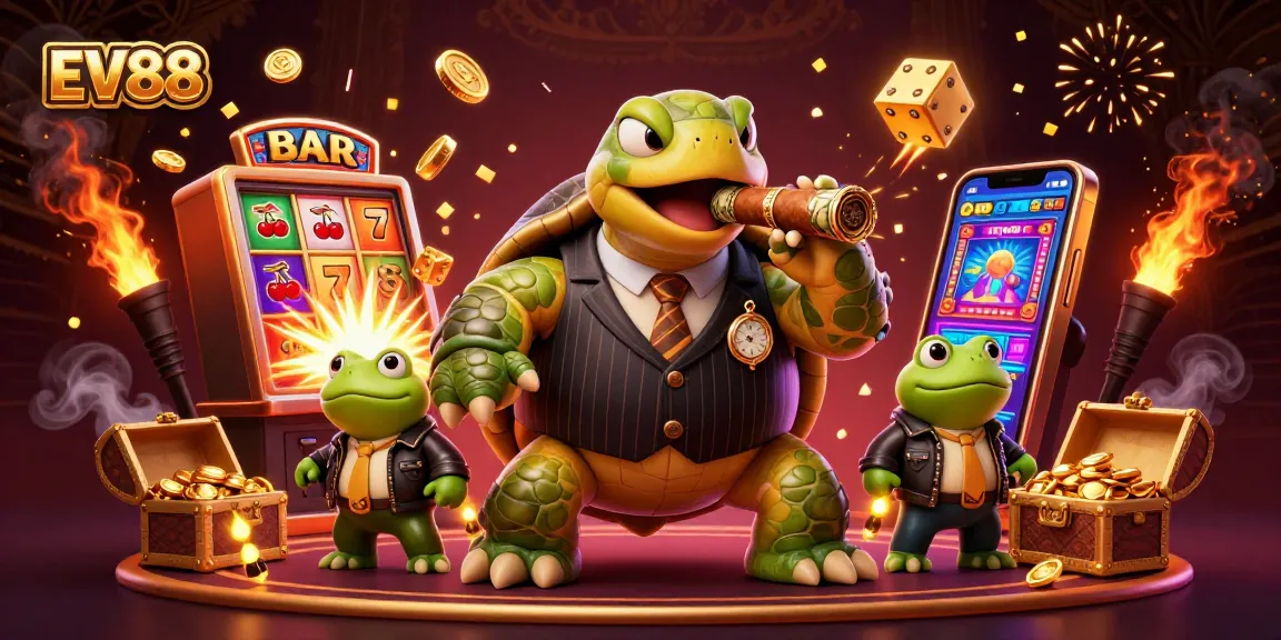 Experience thrilling gaming with EV88, featuring a cartoon turtle and frog enforcers in a dynamic casino scene.