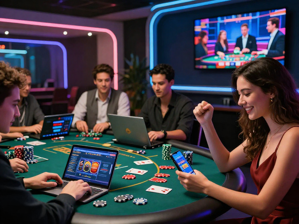 I migliori casino non AAMS: giocatori entusiasti in un ambiente di gioco online con smartphone e laptop.