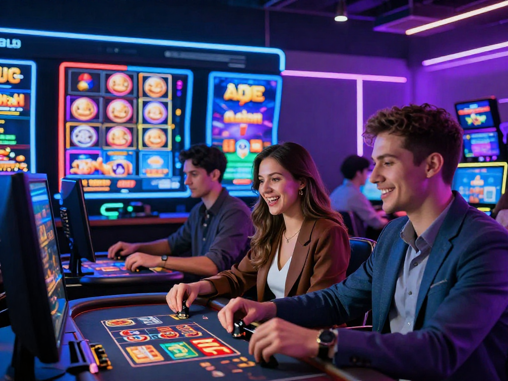 Scena di casinò online con giocatori entusiasti e giochi vari, suggerendo i migliori casino non AAMS.