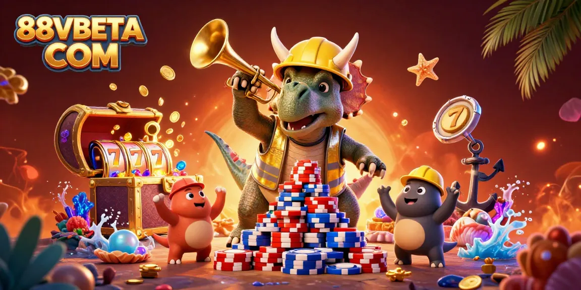 Experience the excitement of 88VBETA COM with a lively scene of a triceratops stacking poker chips amidst underwater treasures and vibrant casino elements.