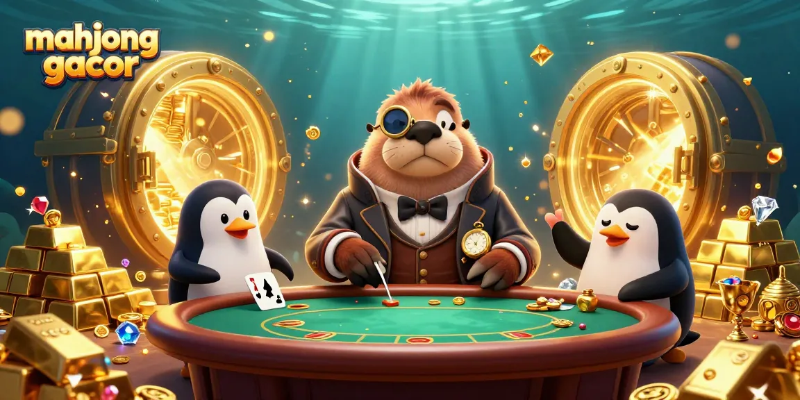 Engage in mahjong gacor gaming dynamics at a lively underwater casino scene with whimsical characters.