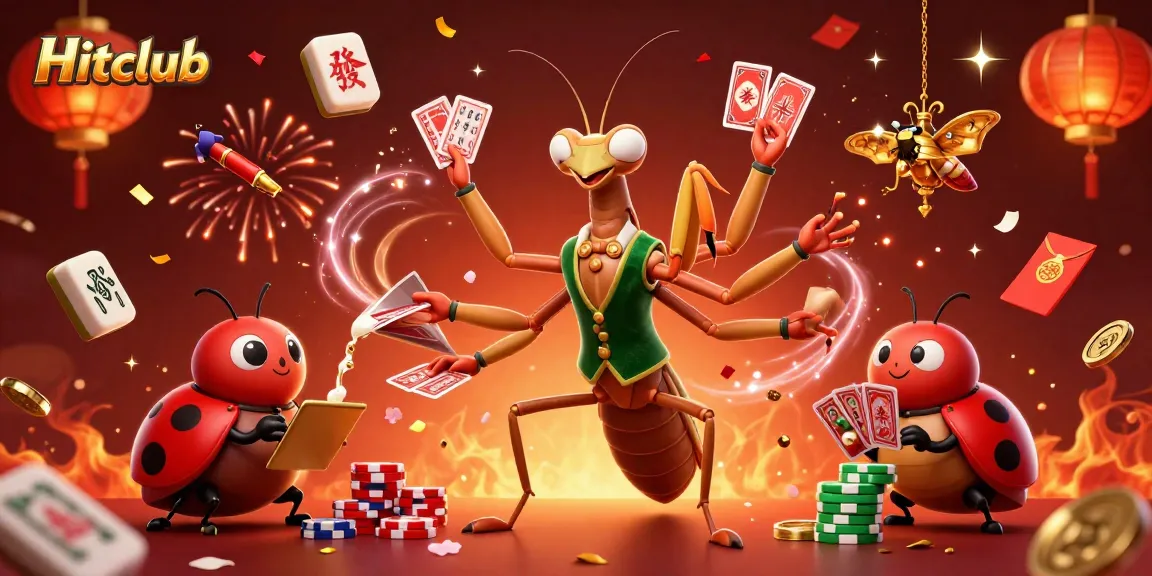 Hitclub showcases a vibrant 3D casino scene with a praying mantis dealer, ladybug pit boss, and dynamic gambling elements.