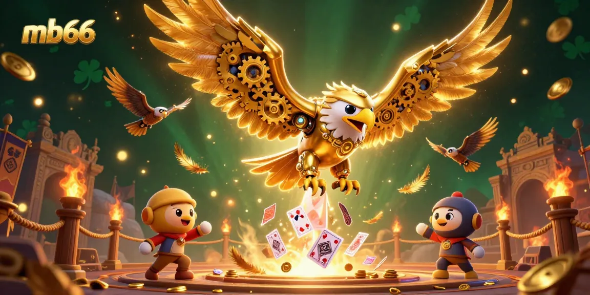 Engage with thrilling mb66 casino adventures featuring a golden eagle and holographic playing cards.