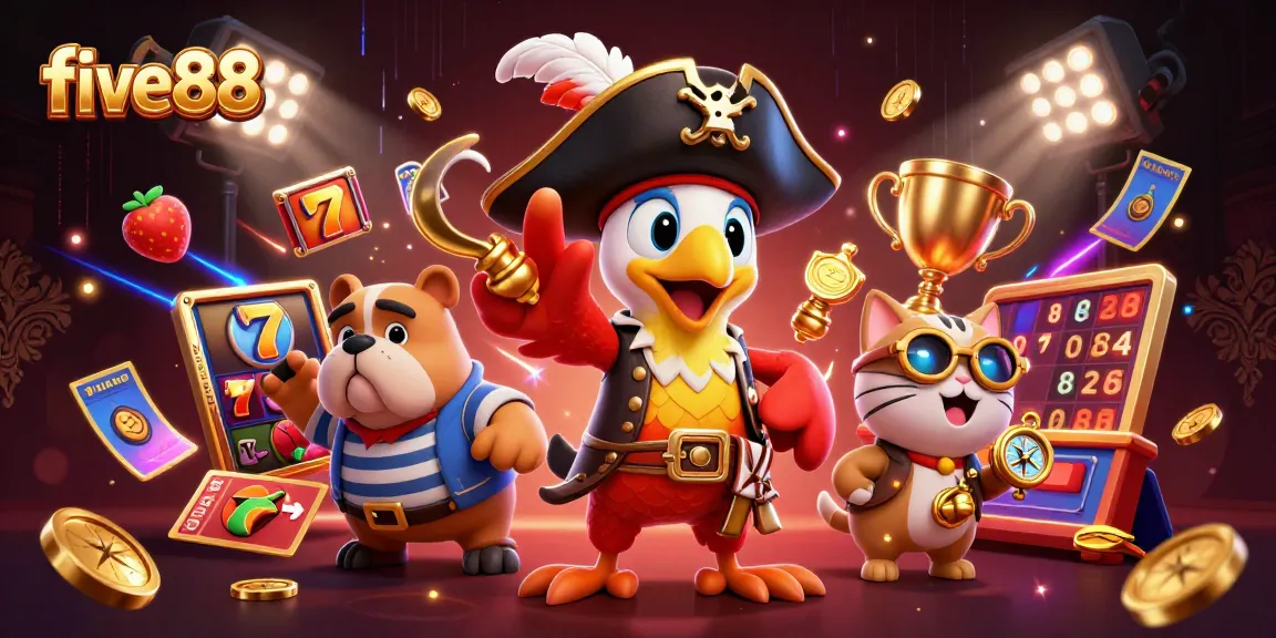 Join the thrilling action at five88 Casino with festive slot reels and vibrant casino characters!