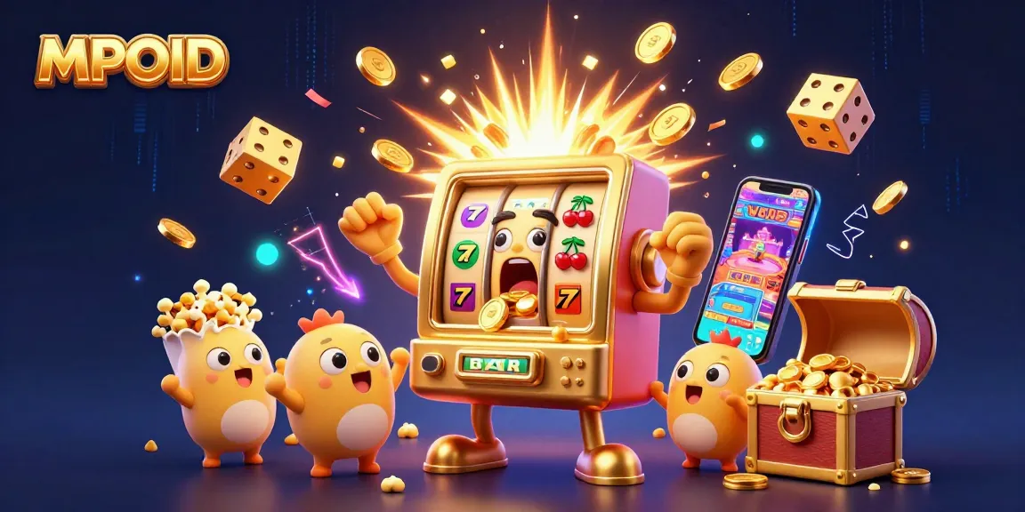 MPOID thrills with golden slot machine celebrating a jackpot amidst dazzling casino games.