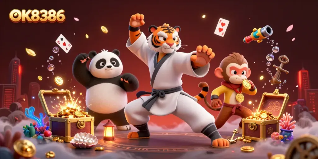 Engage with OK8386's vibrant casino world featuring a kung fu tiger master, panda disciple, and mischievous monkey surrounded by dynamic game elements.