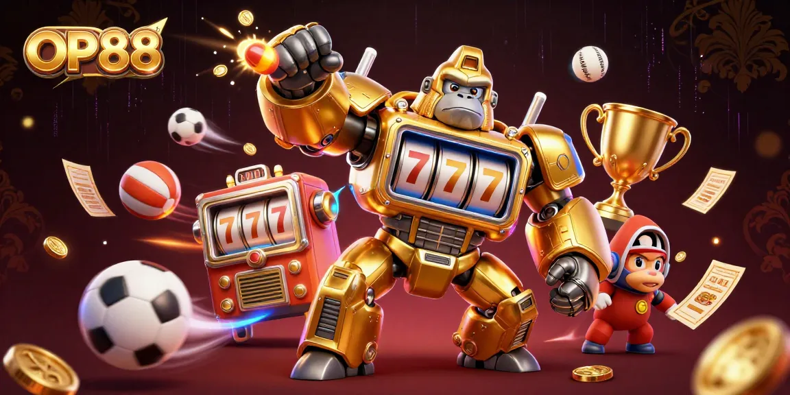 Experience OP88 with a golden mech gorilla smashing coins while sports elements explode around in this vibrant scene.