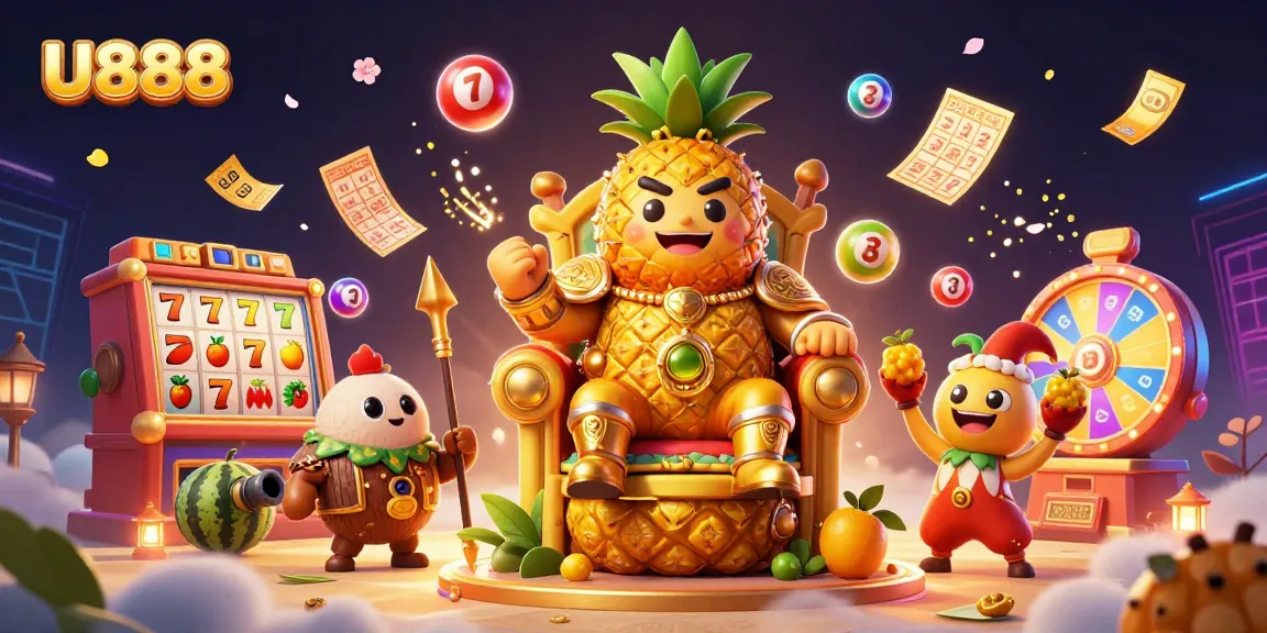 Experience the fun of U888 as a golden pineapple king presides over a vibrant casino scene.