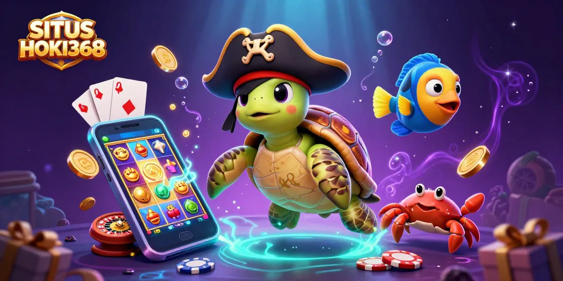 SITUS HOKI368 showcases a vibrant underwater scene with animated gambling elements like slots and poker, highlighting fun gameplay.