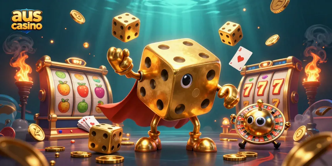 Engage in thrilling action at aus casino with vibrant golden dice and slot reels flying around.