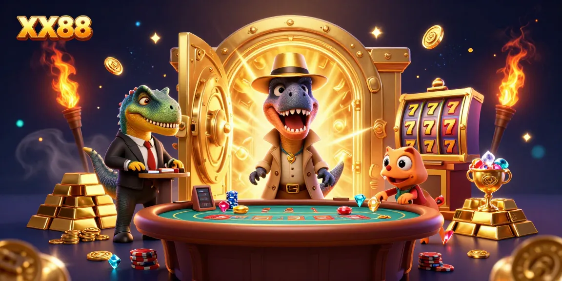Bet on XX88 with a 3D velociraptor card counter at a dynamic casino scene with treasures.