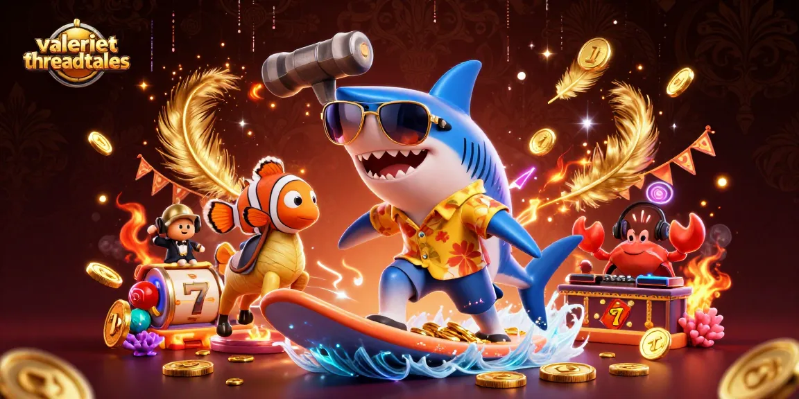Experience thrilling wins with valeriesthreadtales, featuring a shark surfing on gold coins and lively casino elements.