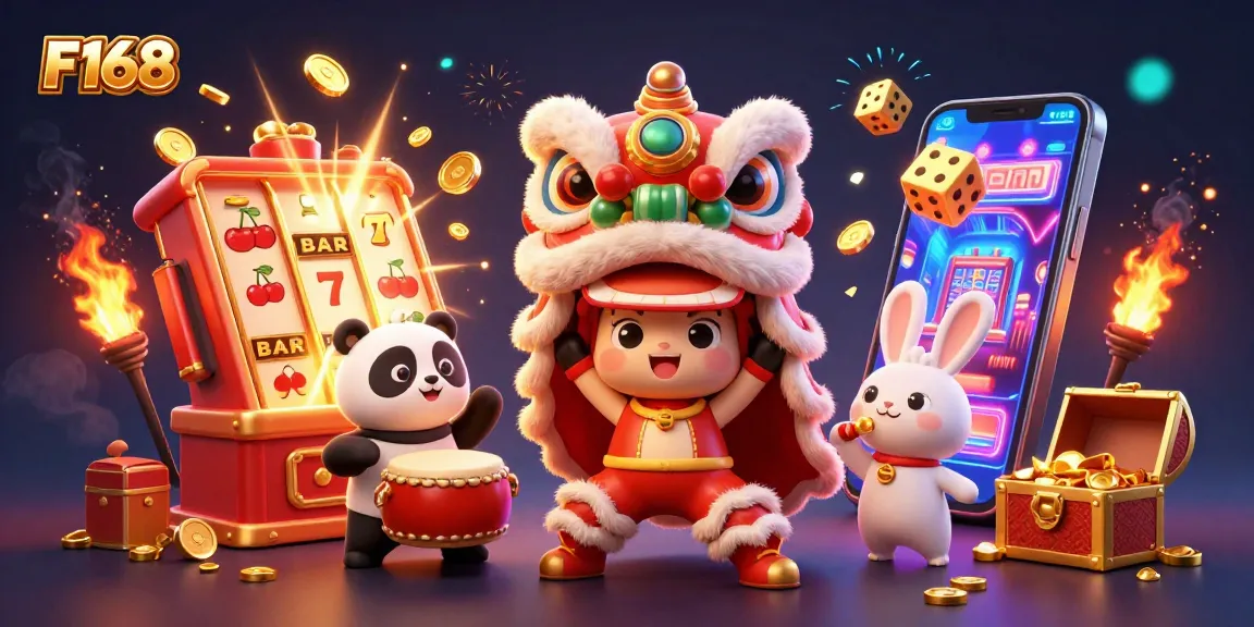 Spin the jackpot with F168's vibrant illustration of a lion dance surrounded by exciting casino elements.