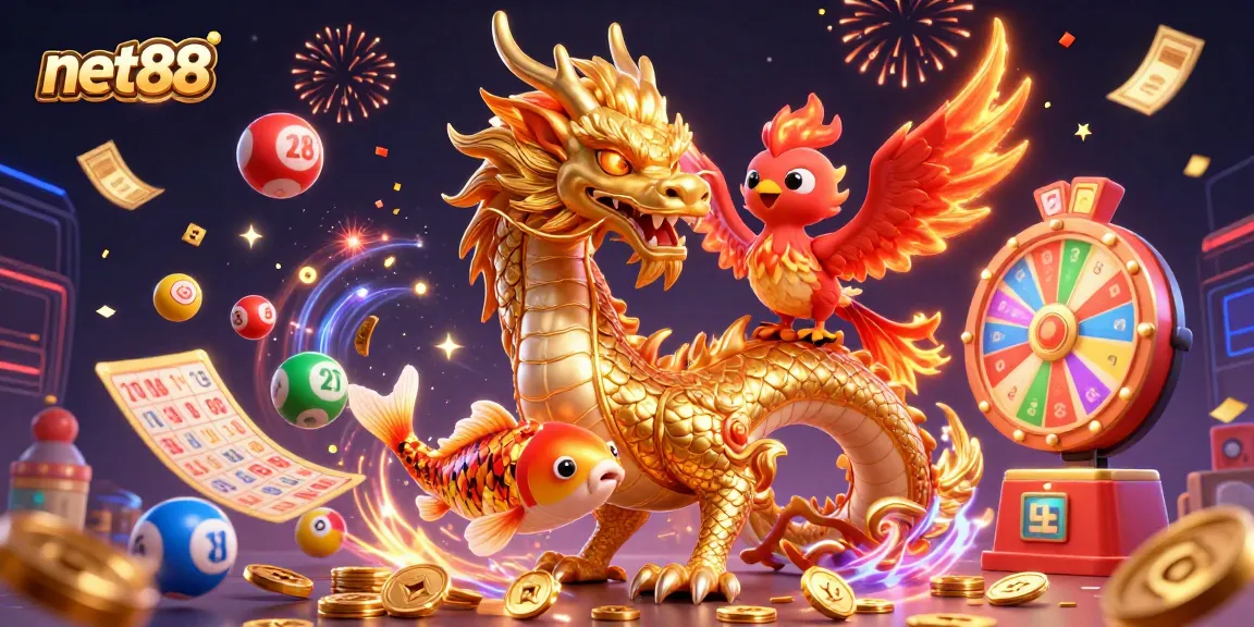 Engage with net88's vibrant casino scene featuring a dragon, phoenix, and koi amidst dynamic gaming elements.