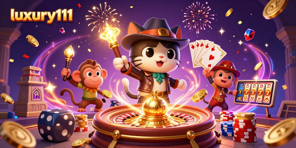 Experience luxury111's vibrant casino adventures with the explorer cat and monkey amidst golden treasures.