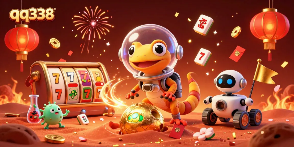 Experience the thrill of gaming at qq338 with vibrant 3D illustrations of a Martian gecko in a casino adventure.