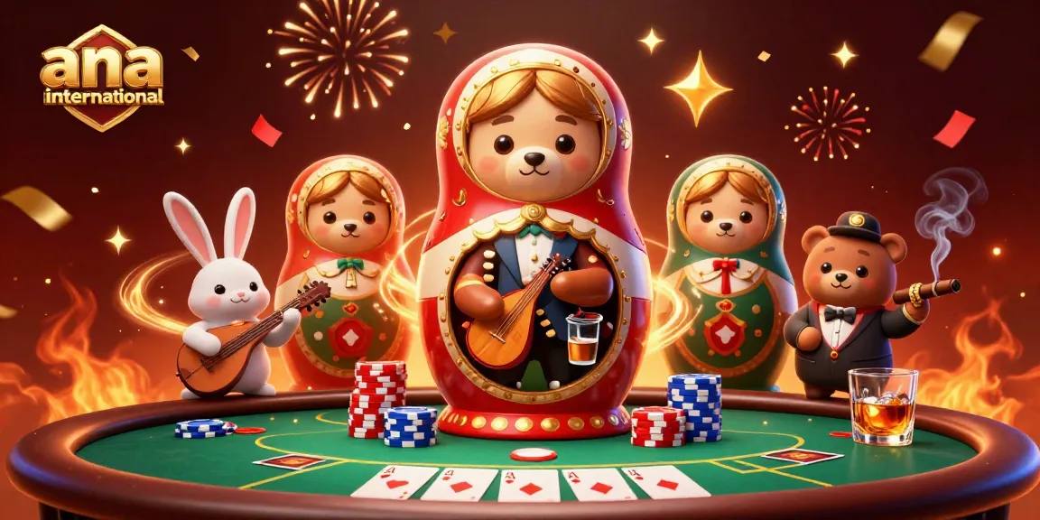 Experience thrilling play at ana-international with vibrant casino-themed characters amidst poker elements and festive effects.