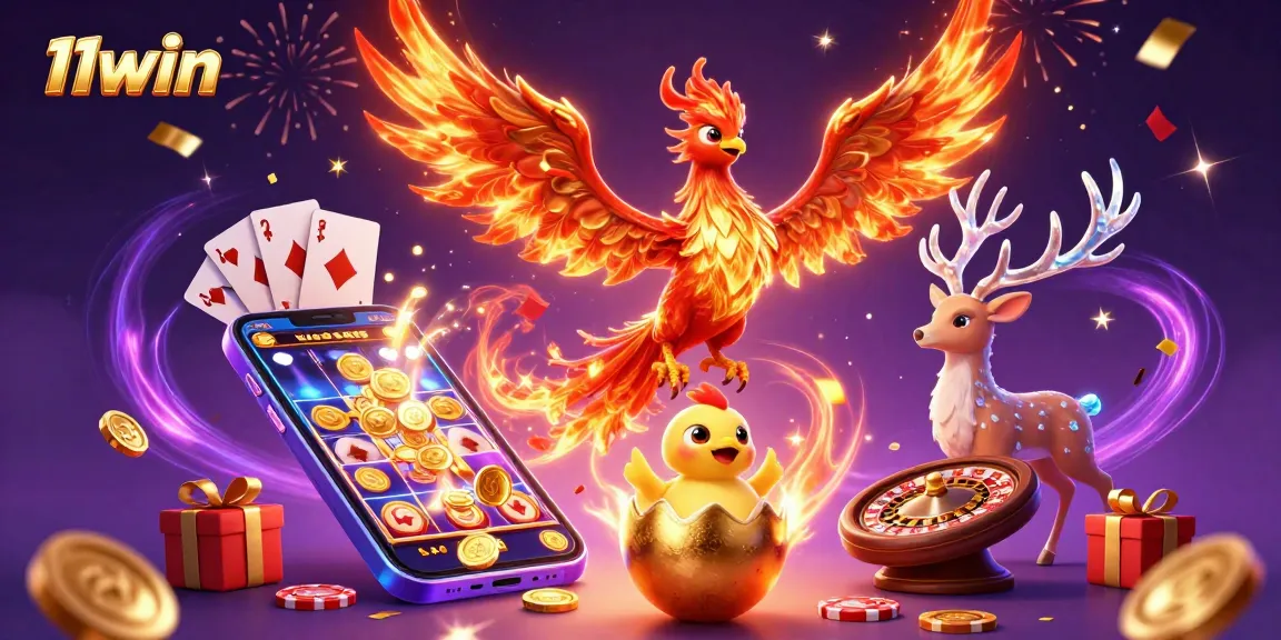 Experience thrilling wins with 11win in this vibrant 3D casino illustration featuring a phoenix and slot games.