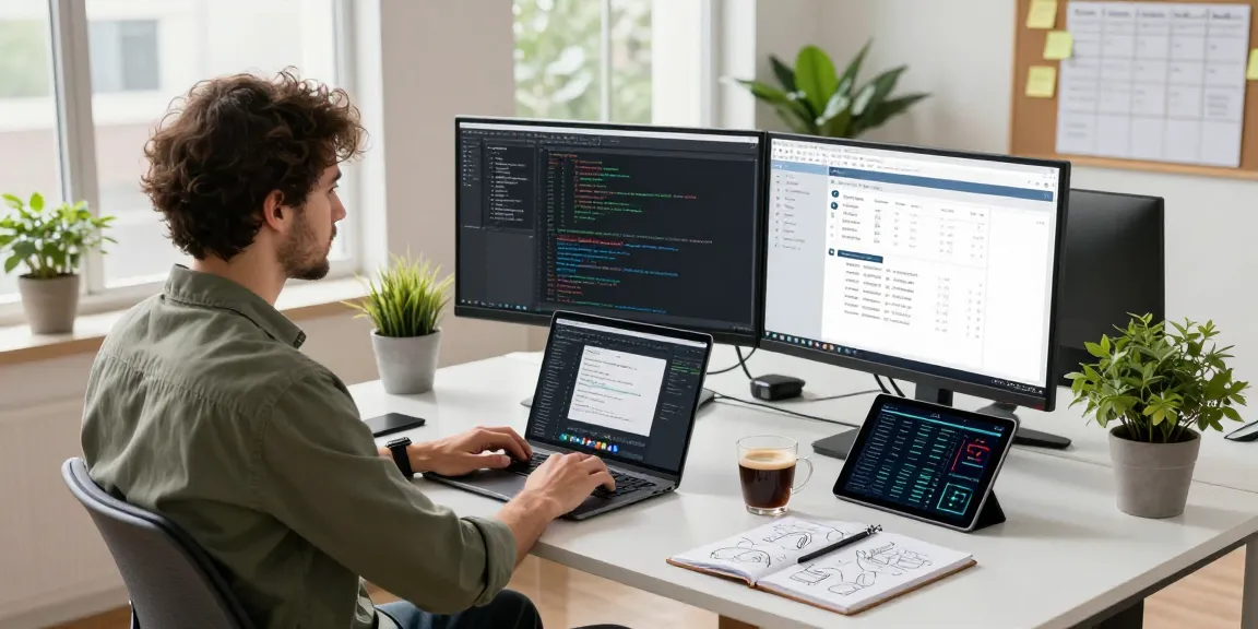 Build internal tools with AI in a dynamic workspace, featuring a developer coding, dual monitors, and a bright, organized office.