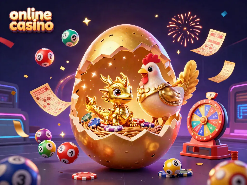 Experience excitement with the online casino dragon guarding gold poker chips amidst vibrant gaming elements.