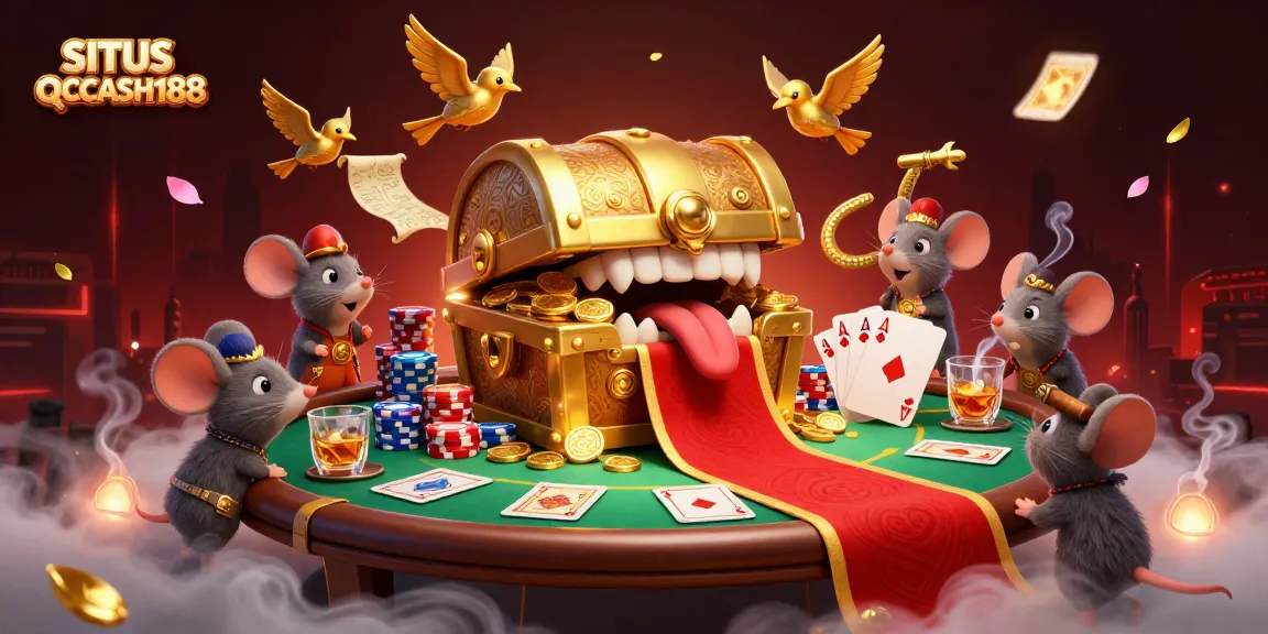 SITUS QQCASH188 captures a lively gambling scene, showcasing adventurous mice around a treasure chest, poker elements, and vibrant casino atmosphere.