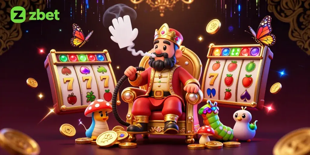Engage with zbet's thrilling slots adventure in a vibrant 3D scene showcasing excitement and fun.