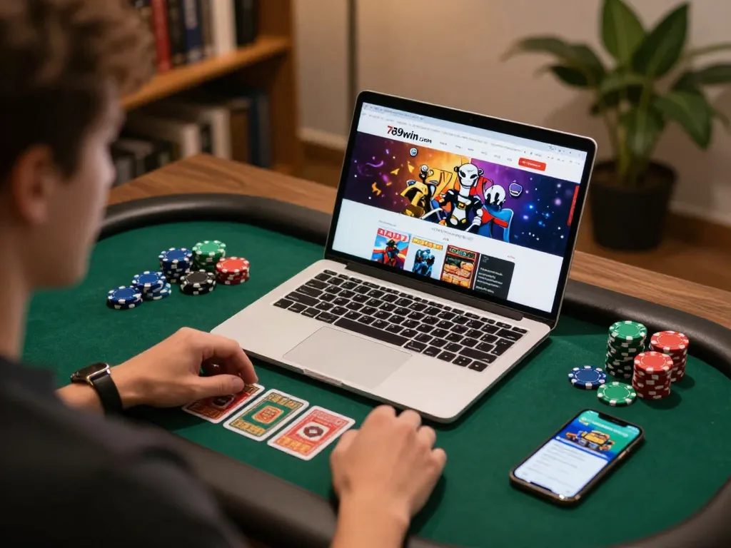 Engaging online gambling scene with 789win com interface showing live betting features and cozy home setup.