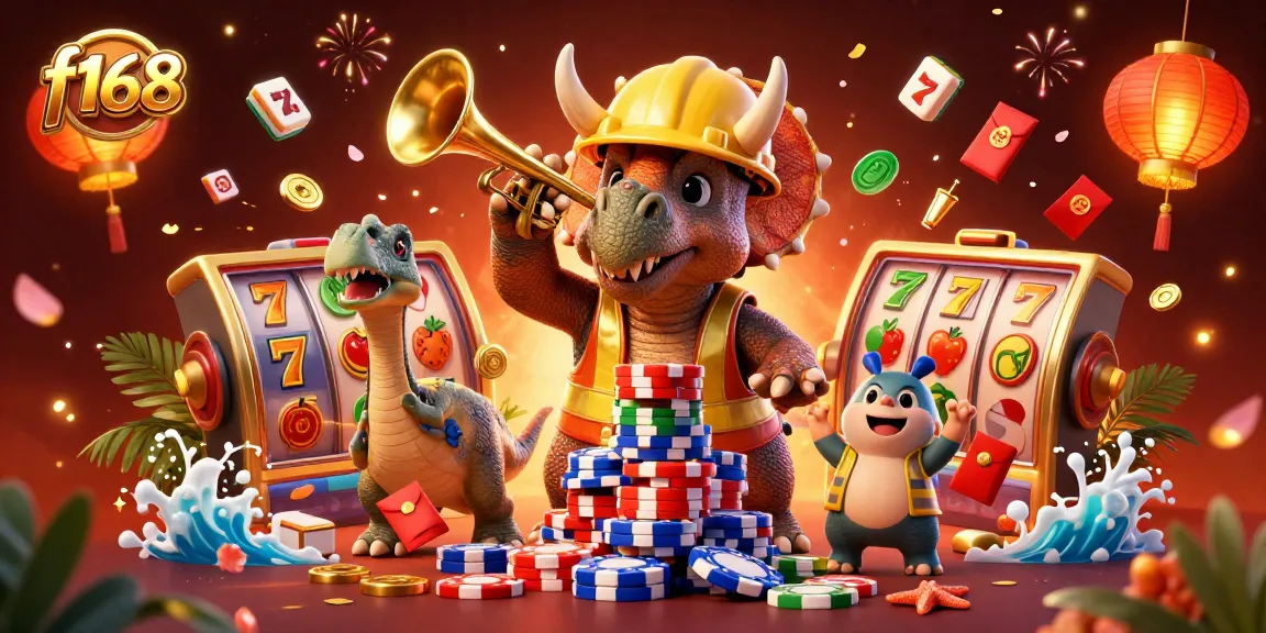 Experience thrilling slot action at f168 with a vibrant 3D casino scene celebrating wins.