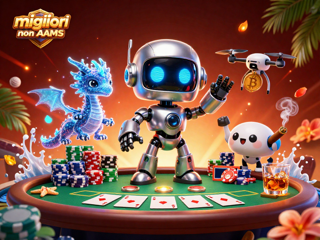 Scopri i migliori casino non AAMS con un robot cyberpunk e un drago olografico in un'illustrazione ricca di dettagli.