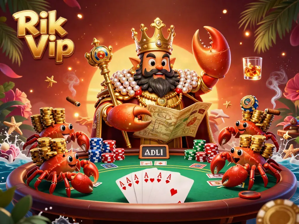 Experience high-stakes fun with Rik Vip's dynamic gaming scene featuring a golden crab emperor.