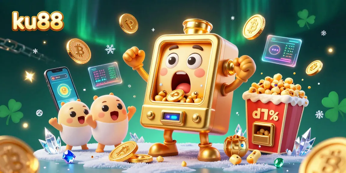 ku88 slot machine hitting jackpot with cheering mini machines and crypto coins glowing.