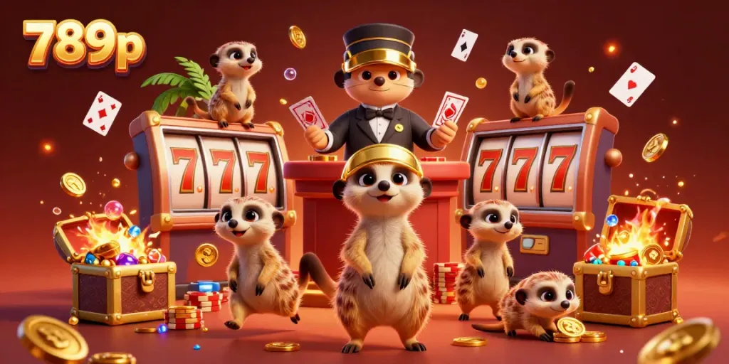 Experience excitement at 789p with meerkats managing a vibrant casino filled with slot reels and treasures.