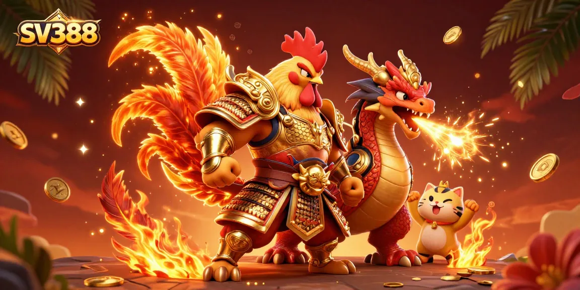 SV388 showcases a cartoon rooster warrior in a dynamic cockfighting scene, surrounded by vibrant gambling elements.
