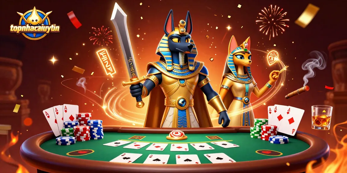 topnhacaiuytin showcases a dynamic 3D casino scene with Anubis and poker action.