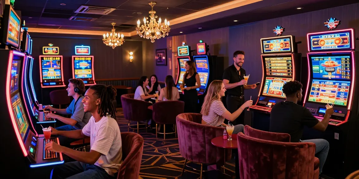 Teman-teman bermain mesin slot dalam suasana mewah di Link LUXURY777 dengan lampu neon cerah dan dekorasi elegan.
