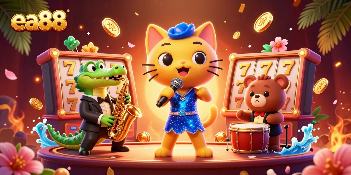 Experience thrilling wins at ea88 with a lively casino scene featuring a singing cat, a saxophonist crocodile, and a bear with drums.