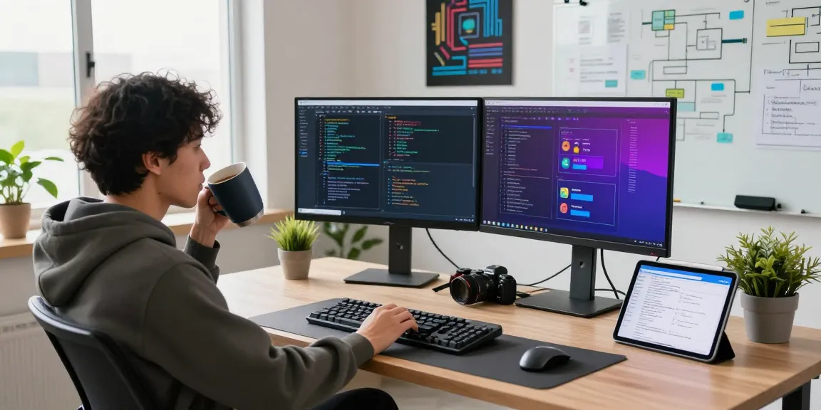 Developer at a tech workspace demonstrating Telegram Download in 2026 with dual monitors showing app coding and wireframes.