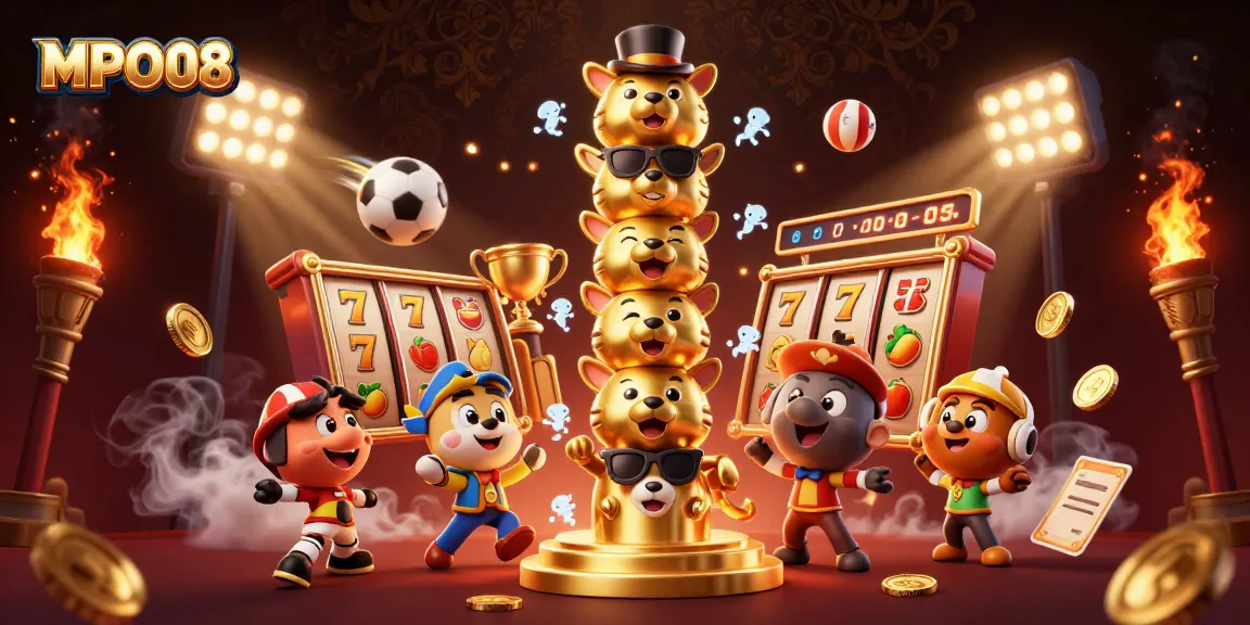 MPO08 captivates with vibrant 3D slot reels, jackpot counters, and spirited characters in a dynamic casino scene.