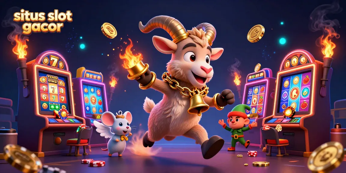 Situs slot gacor showcasing a festive casino scene with characters amidst thrilling slot game action.