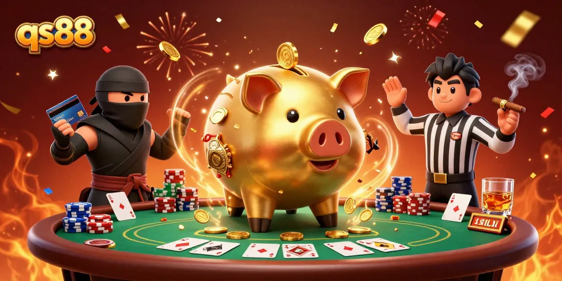 Experience thrilling poker action with qs88 featuring a golden piggy bank wrestler surrounded by chips!