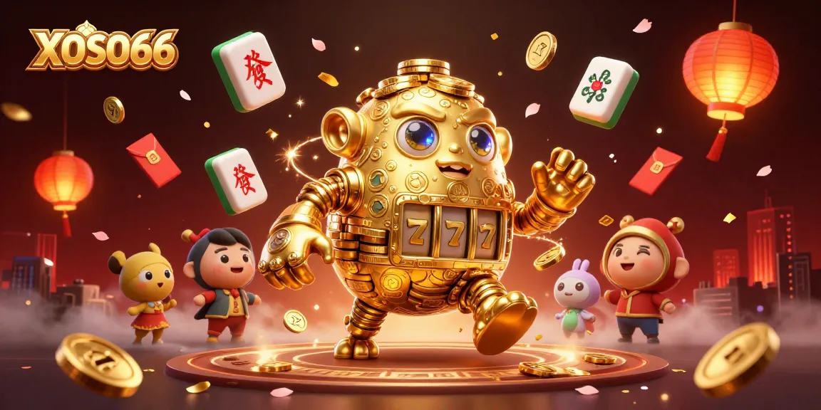 XOSO66 brings luck and excitement with a golden golem surrounded by festive gaming elements in a vibrant 3D casino scene.