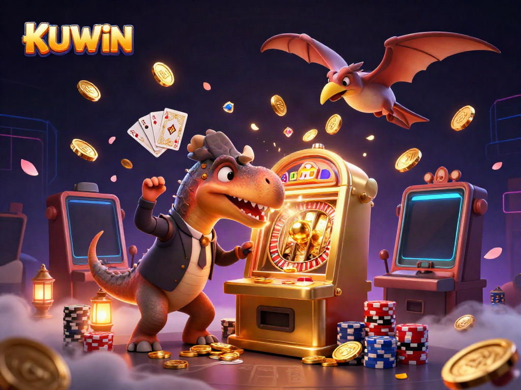 KUWIN Pachycephalosaurus engaging with a golden slot machine amid a colorful casino scene.