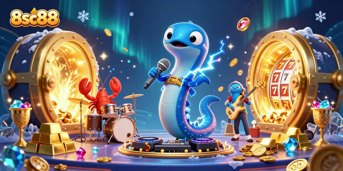 8sc88 showcases a dynamic underwater casino stage with an electric eel DJ and band performing amidst sparkling treasures.