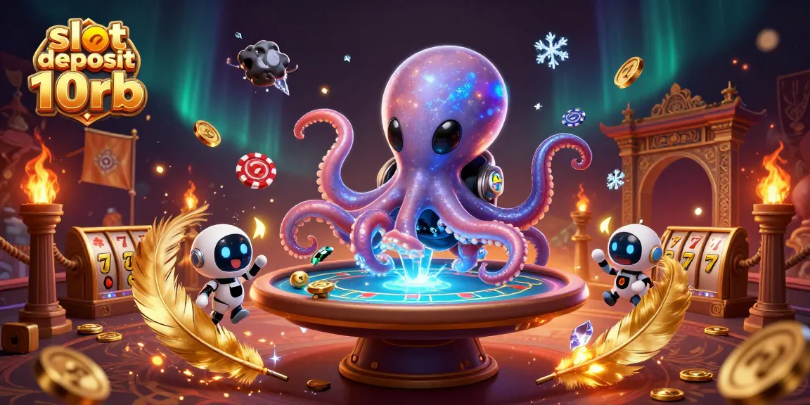 Experience thrilling wins with slot deposit 10rb in a vibrant alien casino illustration.