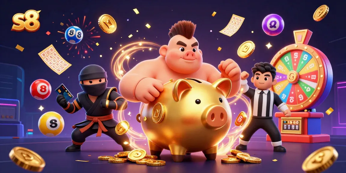 Experience thrilling gameplay at s8 with an energetic 3D illustration of casino action and excitement.
