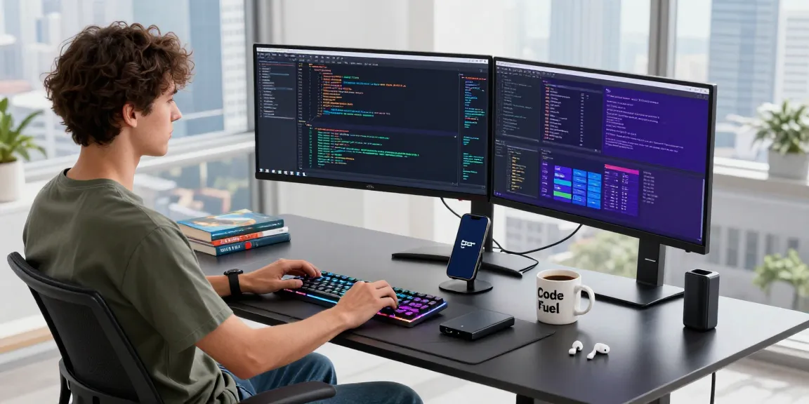 Young developer at telegraimin.com workspace coding seamlessly on multiple monitors in a bright tech office.