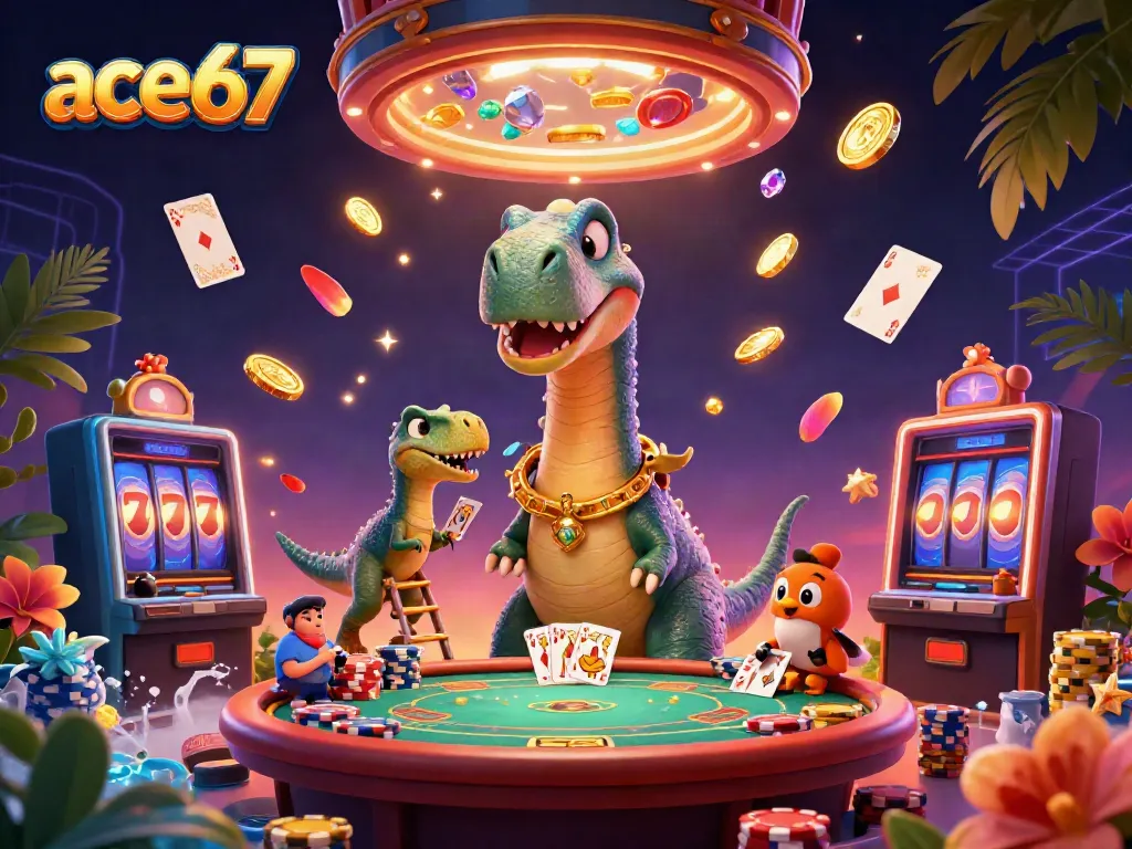 ace67 engages players with an exciting 3D casino scene featuring a dinosaur and dynamic casino elements